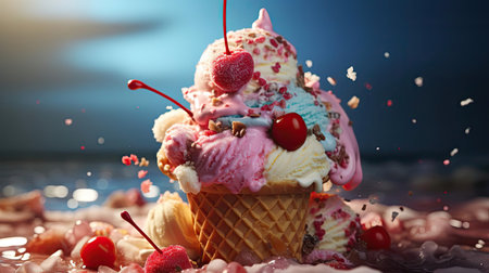 sweet ice cream of various colors and filled with fruit, cream and chocolate sprinklesの素材