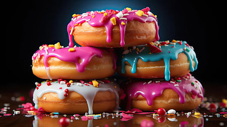 sweet donuts filled with melted chocolate and sprinkles with a blurred backgroundの素材