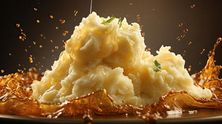 mashed potatoes with sprinkled green leaves on table with blurred backgroundの素材