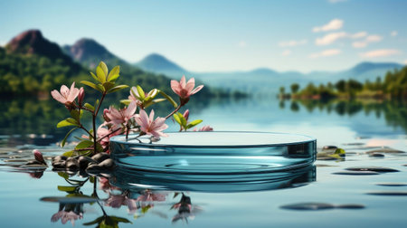 3d glass podium product stand or display with beautiful background and cinematic light, front viewの素材