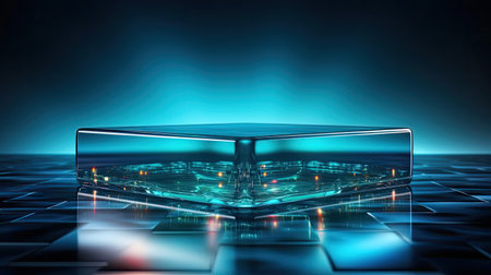 3d glass podium product stand or display with beautiful background and cinematic light, front viewの素材
