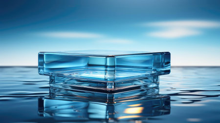 3d glass podium product stand or display with beautiful background and cinematic light, front viewの素材