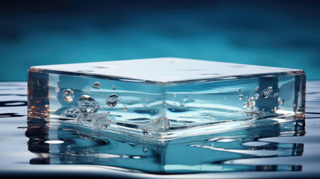 3d glass podium product stand or display with beautiful background and cinematic light, front viewの素材