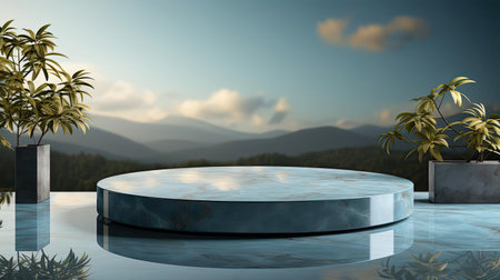 3d glass podium product stand or display with beautiful background and cinematic light, front viewの素材