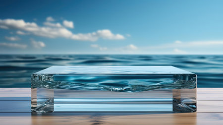 3d glass podium product stand or display with beautiful background and cinematic light, front viewの素材