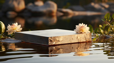 3d glass podium product stand or display with beautiful background and cinematic light, front viewの素材