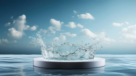 3d glass podium product stand or display with beautiful background and cinematic light, front viewの素材