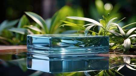 3d glass podium product stand or display with beautiful background and cinematic light, front viewの素材