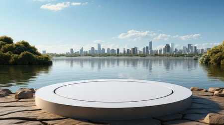 3d podium product stand or display with water river background and cinematic light, front viewの素材