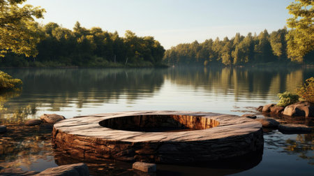 3d podium product stand or display with water river background and cinematic light, front viewの素材