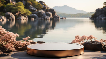 3d podium product stand or display with water river background and cinematic light, front viewの素材