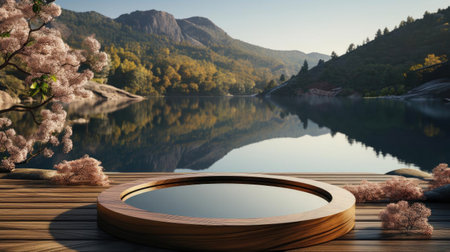 3d podium product stand or display with water river background and cinematic light, front viewの素材