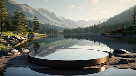 3d podium product stand or display with water river background and cinematic light, front viewの素材