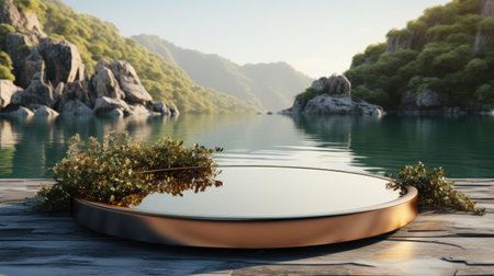 3d podium product stand or display with water river background and cinematic light, front viewの素材