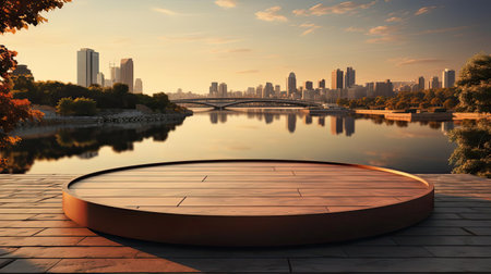 3d podium product stand or display with water river background and cinematic light, front viewの素材