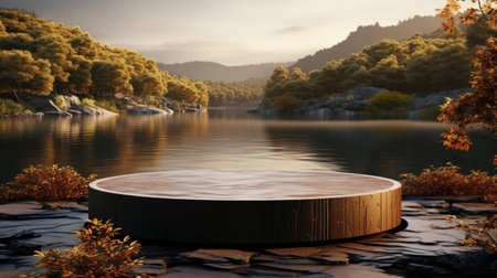 3d podium product stand or display with water river background and cinematic light, front viewの素材