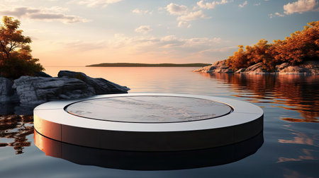 3d podium product stand or display with water river background and cinematic light, front viewの素材