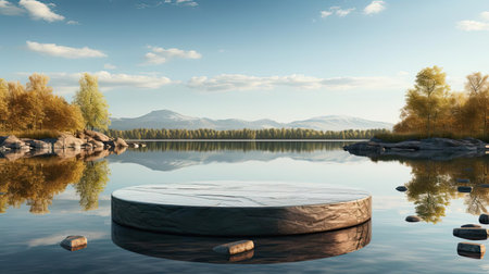 3d podium product stand or display with water river background and cinematic light, front viewの素材