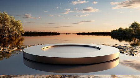 3d podium product stand or display with water river background and cinematic light, front viewの素材