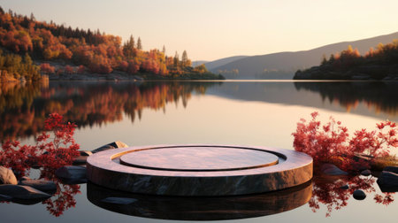 3d podium product stand or display with water river background and cinematic light, front viewの素材