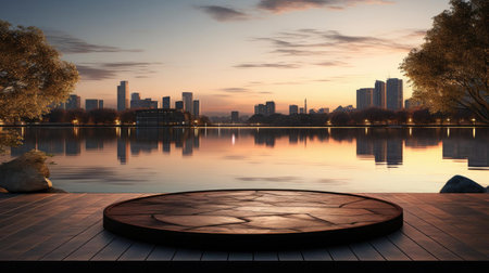 3d podium product stand or display with water river background and cinematic light, front viewの素材