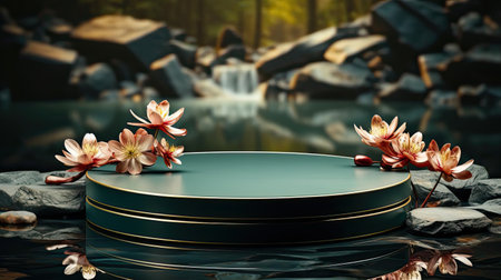 3d Circle Podium Product Stand or Display with Sky and Water Background and Cinematic Light, front viewの素材