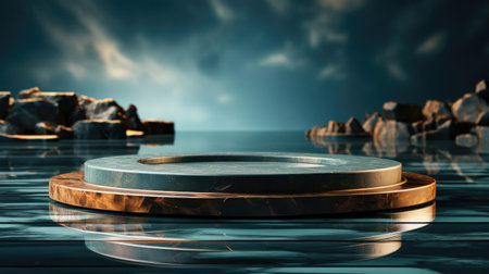 3d Circle Podium Product Stand or Display with Sky and Water Background and Cinematic Light, front viewの素材