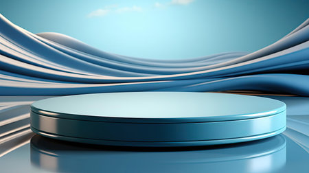 3d Circle Podium Product Stand or Display with Sky and Water Background and Cinematic Light, front viewの素材