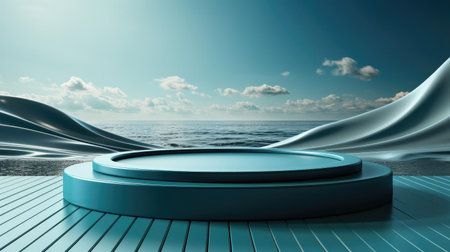 3d Circle Podium Product Stand or Display with Sky and Water Background and Cinematic Light, front viewの素材