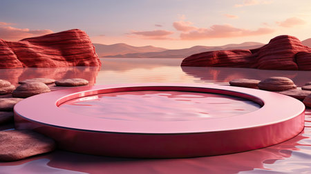 3d Circle Podium Product Stand or Display with Sky and Water Background and Cinematic Light, front viewの素材