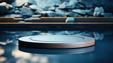 3d Circle Podium Product Stand or Display with Sky and Water Background and Cinematic Light, front viewの素材
