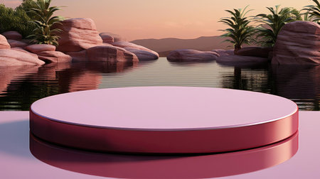 3d Circle Podium Product Stand or Display with Sky and Water Background and Cinematic Light, front viewの素材