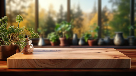 Wood podium product stand or display with cinematic light and blur backgroundの素材