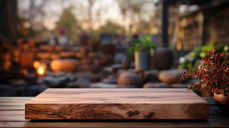 Wood podium product stand or display with cinematic light and blur backgroundの素材