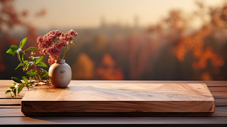 Wood podium product stand or display with cinematic light and blur backgroundの素材