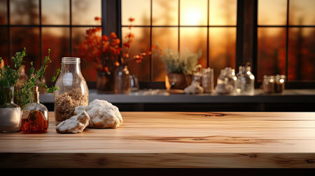 Wood podium product stand or display with cinematic light and blur backgroundの素材