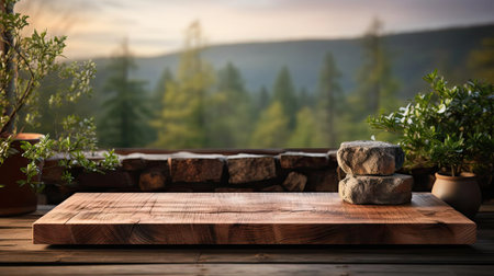 Wood podium product stand or display with cinematic light and blur backgroundの素材