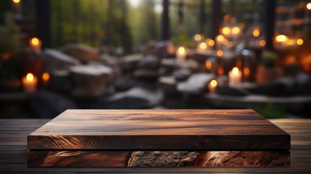 Wood podium product stand or display with cinematic light and blur backgroundの素材