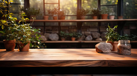 Wood podium product stand or display with cinematic light and blur backgroundの素材