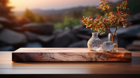 Wood podium product stand or display with cinematic light and blur backgroundの素材