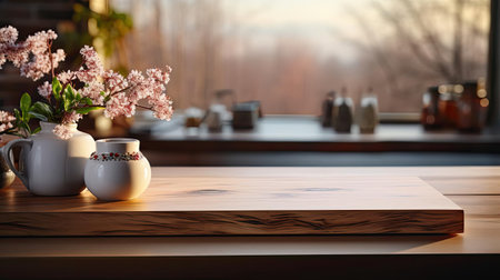 Wood podium product stand or display with cinematic light and blur backgroundの素材