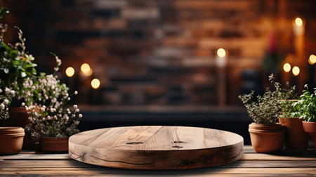Wood podium product stand or display with cinematic light and blur backgroundの素材