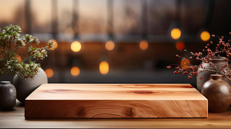 Wood podium product stand or display with cinematic light and blur backgroundの素材