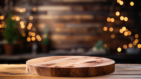 Wood podium product stand or display with cinematic light and blur backgroundの素材