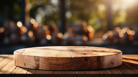 Wood podium product stand or display with cinematic light and blur backgroundの素材