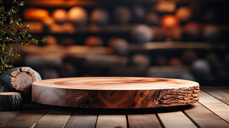 Wood podium product stand or display with cinematic light and blur backgroundの素材