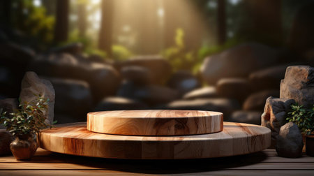 Wood podium product stand or display with cinematic light and blur backgroundの素材