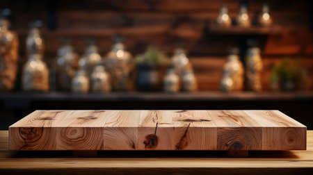 Wood podium product stand or display with cinematic light and blur backgroundの素材