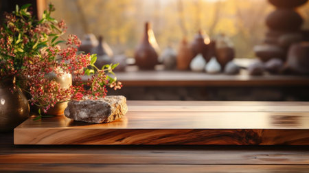 Wood podium product stand or display with cinematic light and blur backgroundの素材