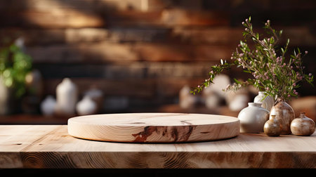 Wood podium product stand or display with cinematic light and blur backgroundの素材